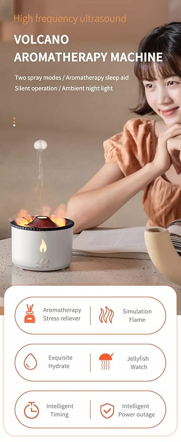 ORLOV Plastic Volcano Aromatherapy Humidifier Flame&Volcano Light Timer For Bedroom Home Yoga Office, Gift Ideal For Women, Flame Humidifier Ultrasonic Essential Oil Diffuser With Remote